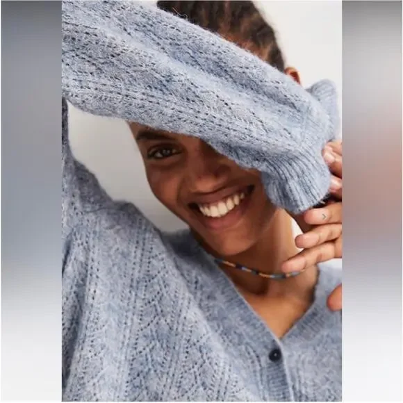 BODEN Pointelle Long Sleeve Cardigan Sweater Blue, Size 8 - Picture 3 of 14